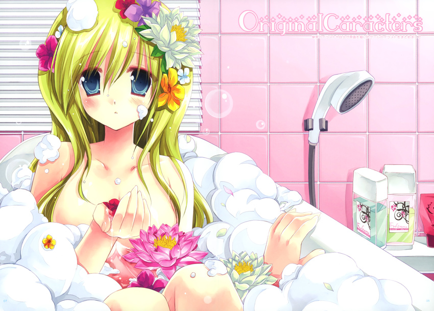 absurdres arm_support bangs bath bathing bathroom bathtub blinds blue_eyes blush breasts bubble bubble_bath collarbone convenient_censoring engrish flower green_hair hair_between_eyes hair_flower hair_ornament highres holding indoors knees_up large_breasts long_hair looking_at_viewer miyasu_risa nude original page_number parted_lips partially_submerged petals ranguage scan shampoo_bottle shower_head sitting soap_bubbles solo tile_wall tiles water