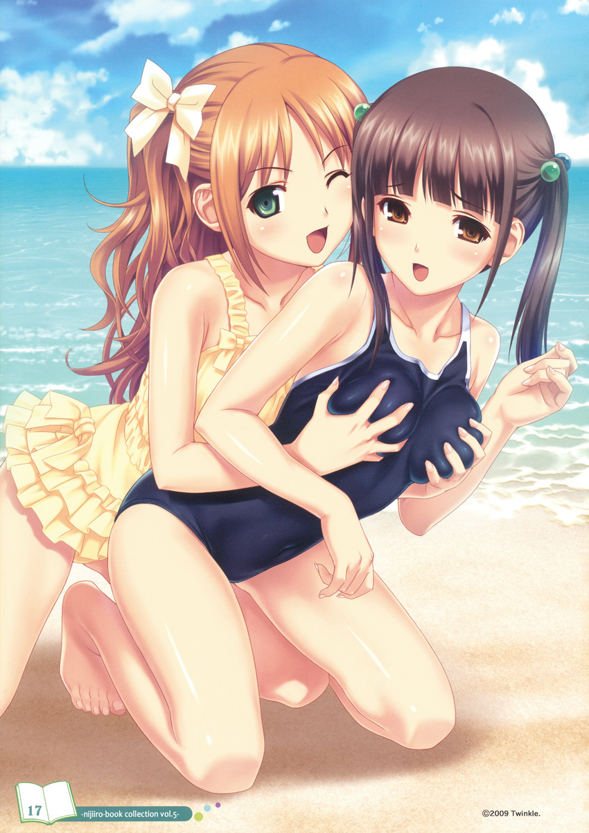 ;d absurdres barefoot beach bow breast_grab breasts brown_eyes brown_hair casual_one-piece_swimsuit cloud competition_school_swimsuit covered_navel day grabbing green_eyes hair_bobbles hair_bow hair_ornament highres kneeling koutaro long_hair medium_breasts minazuki_izumi multicolored_hair_bobbles multiple_girls one-piece_swimsuit one_eye_closed open_mouth outdoors sand sky smile suzukaze_hotaru swimsuit tropical_kiss twintails water yuri