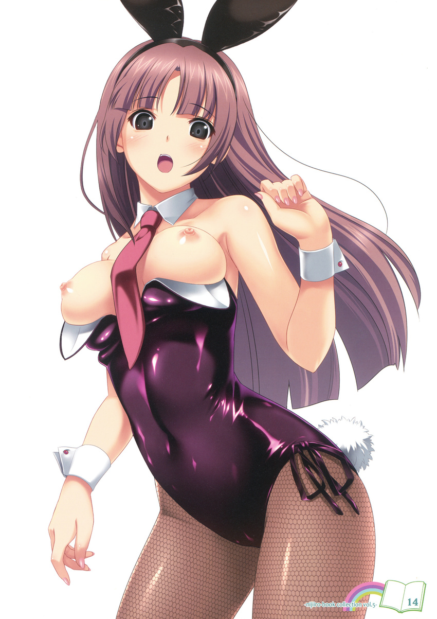 absurdres animal_ears breasts brown_hair bunny_ears bunny_tail bunnysuit character_request copyright_request fingernails grey_eyes highres koutaro large_breasts long_hair nail_polish necktie nipples open_mouth pantyhose pink_nails solo tail wardrobe_malfunction wrist_cuffs