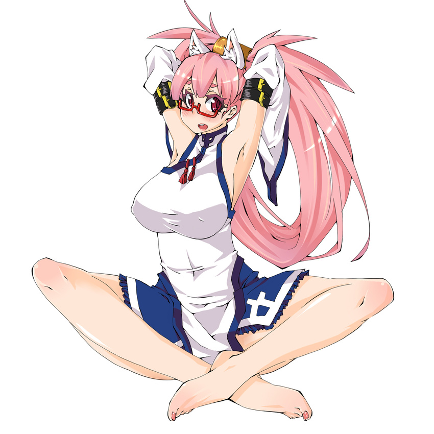 animal_ears armpits arms_up barefoot blush borrowed_character breasts cosplay crossed_legs feet glasses guilty_gear highres kuradoberi_jam kuradoberi_jam_(cosplay) large_breasts long_hair makai original pink_eyes pink_hair sitting solo srco toe-point