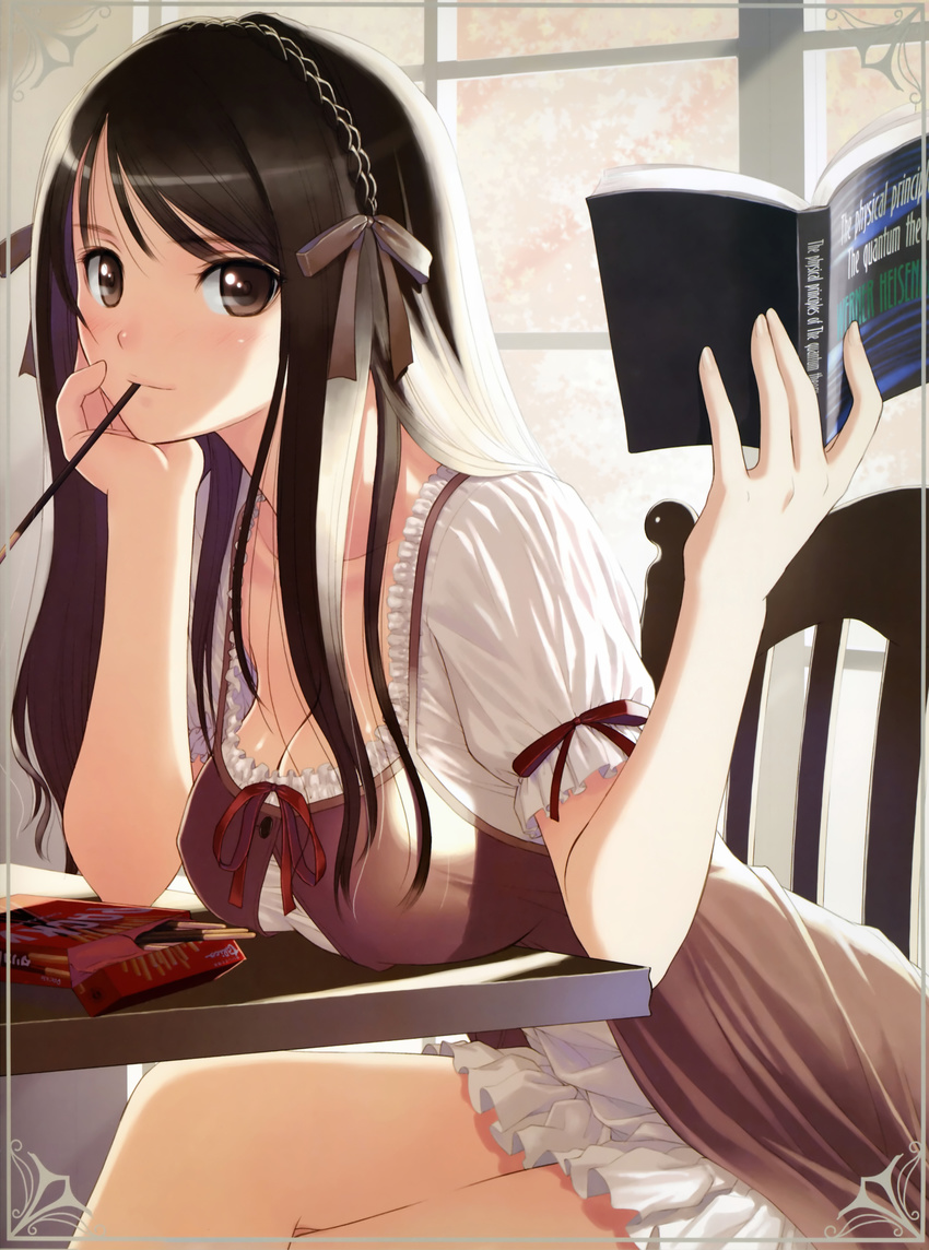 absurdres book breast_rest breasts brown_eyes brown_hair chair chin_rest cleavage crossed_legs dress english food frame frills gathers hair_ribbon hairband hands highres holding large_breasts leaning_forward legs light_smile long_hair looking_at_viewer mouth_hold original pocky ribbon sitting smile solo table tanaka_takayuki window
