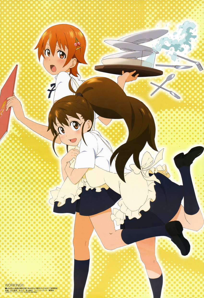 absurdres adachi_shingo apron blush brown_eyes brown_hair highres inami_mahiru long_hair long_legs megami multiple_girls non-web_source official_art open_mouth orange_eyes orange_hair ponytail socks taneshima_popura tray waitress water working!!