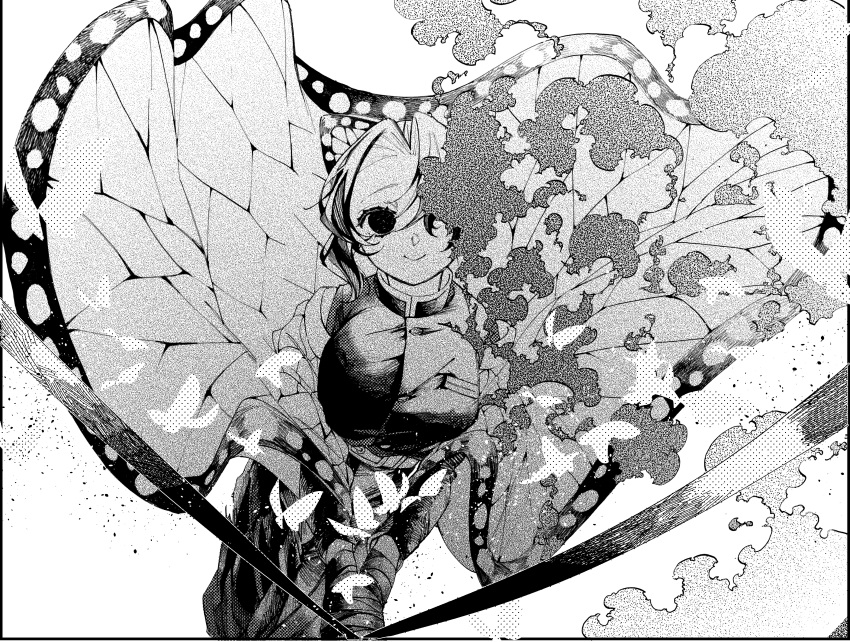 1girl absurdres addrop angry belt bound bound_wrists breasts butterfly_hair_ornament closed_mouth commentary_request cowboy_shot demon_slayer_uniform empty_eyes false_smile floating_clothes greyscale hair_ornament haori highres japanese_clothes kimetsu_no_yaiba kochou_shinobu large_breasts liquid long_sleeves looking_at_viewer monochrome one_eye_covered pants poison simple_background smile solo updo v_arms