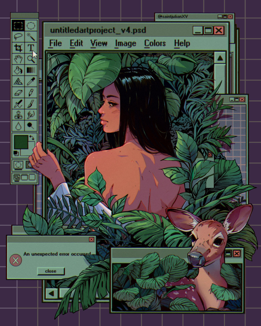 1girl absurdres adobe_photoshop animal astralgrave back bare_shoulders commentary dark-skinned_female dark_skin deer english_commentary forest from_behind hair_over_shoulder highres lips long_hair microsoft_windows mole mole_under_mouth nature nose off_shoulder original outside_border procreate_(medium) solo_focus topless windows_95 windows_desktop