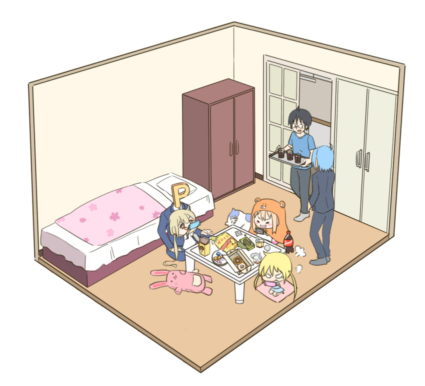 3boys 3girls :d angry ayasaki_hayate bedroom black_hair blonde_hair blue_hair brother_and_sister business_suit chibi chips_(food) closet coca-cola crossover doma_taihei doma_umaru doughnut drink food formal futaba_anzu glasses hamster_costume handheld_game_console hayate_no_gotoku! himouto!_umaru-chan holding holding_handheld_game_console holding_tray idolmaster idolmaster_cinderella_girls indoors isometric komaru_(himouto!_umaru-chan) multiple_boys multiple_girls necohime nekoronbusu p-head_producer potato_chips producer_(idolmaster) pudding sanzen'in_nagi siblings sitting sitting_on_lap sitting_on_person smile standing steam stuffed_animal stuffed_toy suit table trait_connection tray twintails