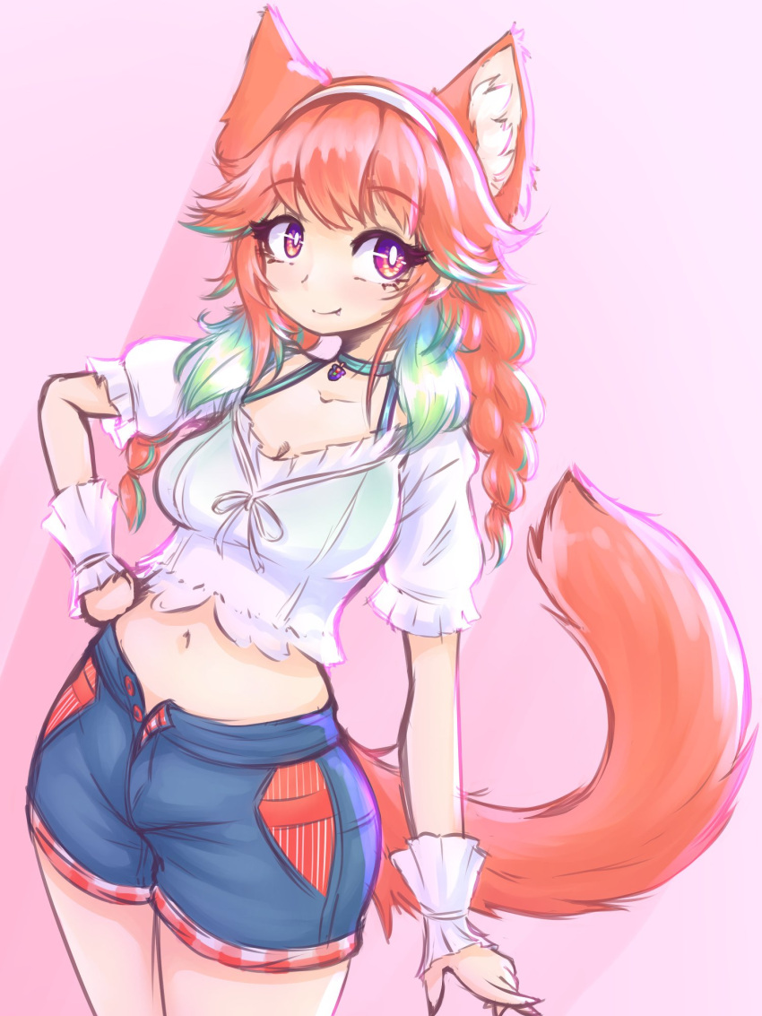 alternate_species animal_humanoid big_breasts breasts cat_humanoid cleavage clothed clothing felid felid_humanoid feline feline_humanoid female hair hand_on_hip hi_res humanoid mammal mammal_humanoid mazzlerazz midriff multicolored_hair navel orange_hair purple_eyes smile solo standing takanashi_kiara thick_thighs wide_hips