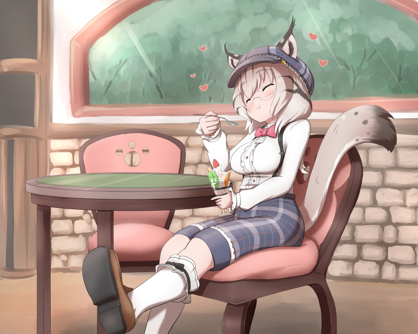 1girl :t blush bow bowtie brown_footwear cabbie_hat casual center_frills closed_eyes commission ears_through_headwear eating eurasian_lynx_(kemono_friends) frilled_sleeves frilled_socks frills grey_hair grey_headwear grey_shorts hat heart highres kemono_friends kemono_friends_3 loafers long_sleeves lynx_ears lynx_girl lynx_tail multicolored_hair official_alternate_costume parfait pixiv_commission plaid plaid_headwear plaid_shorts puffy_sleeves red_bow red_bowtie semi-rimless_eyewear shirt shoes short_hair shorts sitting socks solo spoon taurine_8000mg two-tone_hair white-framed_eyewear white_shirt white_socks