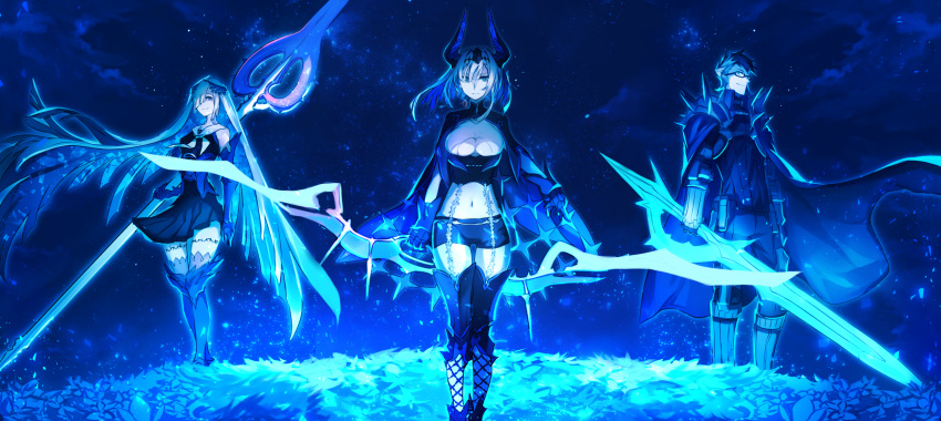 1boy 2girls armor aslaug_(fate) black_footwear black_hair black_horns black_pants black_shirt black_shorts black_skirt black_thighhighs blue_eyes blue_theme blue_thighhighs boots bow_(weapon) breasts brynhildr_(fate) brynhildr_romantia cape closed_mouth clothing_cutout elbow_gloves expressionless fate/grand_order fate/prototype fate/prototype:_fragments_of_blue_and_silver fate:lost_einherjar fate_(series) father_and_daughter full_body glasses gloves gram_(fate) highres holding holding_bow_(weapon) holding_polearm holding_sword holding_weapon horns husband_and_wife kashia large_breasts long_hair looking_at_viewer medium_hair mother_and_daughter multicolored_hair multiple_girls navel night night_sky pants polearm shirt shoes shorts sigurd_(fate) skirt sky smile spikes standing sword thigh_boots thigh_gap thighhighs two-tone_hair underboob underboob_cutout weapon white_hair