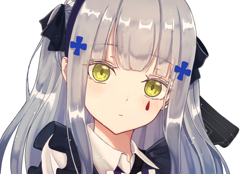 1girl bangs blunt_bangs blush expressionless girls'_frontline green_eyes grey_hair hk416_(black_kitty's_gift)_(girls'_frontline) hk416_(girls'_frontline) long_hair protected_link sidelocks solo teardrop_facial_mark yukiko_(leovioykk)