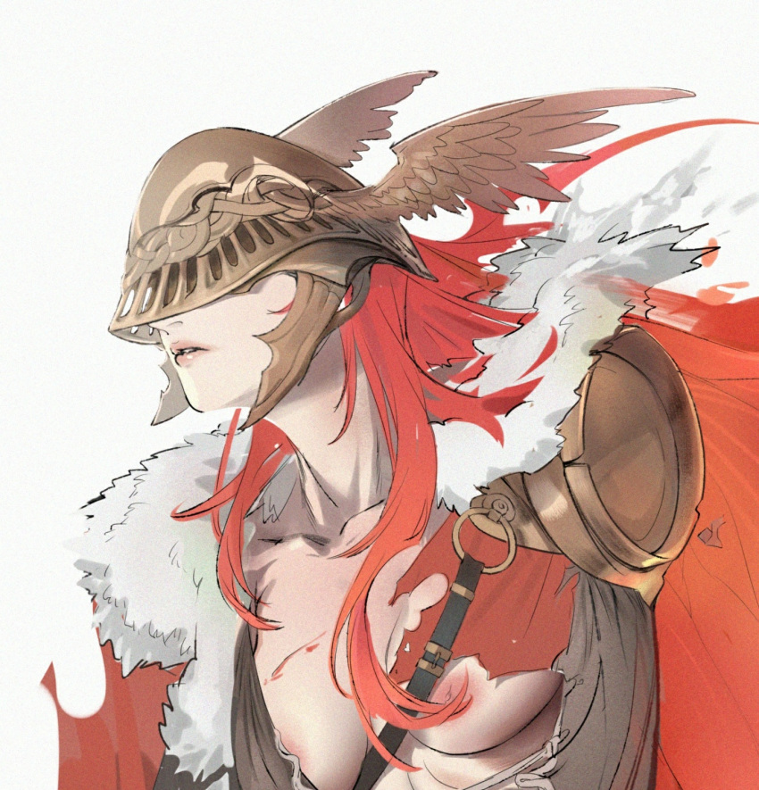 1girl agaver123 breasts cape collarbone covered_eyes elden_ring fur_trim gold_armor helmet helmet_over_eyes highres long_hair malenia_blade_of_miquella medium_breasts missing_limb nipples red_cape red_hair simple_background solo torn_clothes winged_helmet