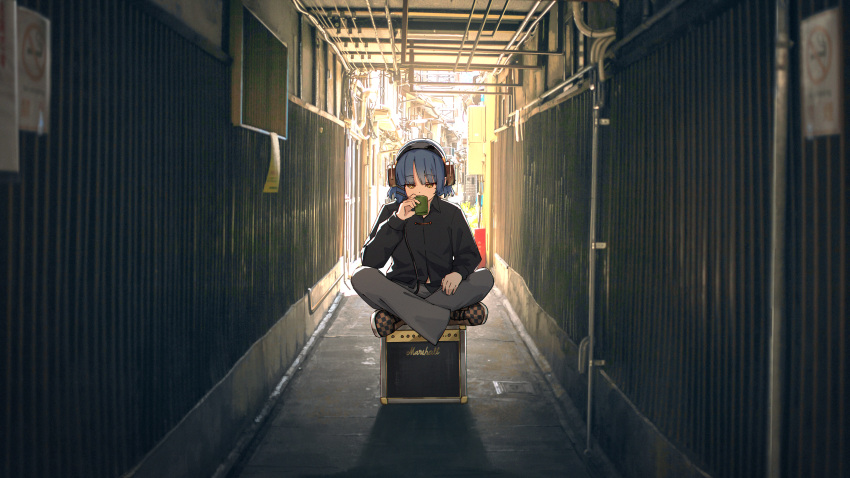 1girl absurdres alley amplifier bangs bell-bottoms black_footwear black_shirt blue_hair bocchi_the_rock! brown_footwear checkered_footwear commentary converse crossed_legs cup english_commentary grey_pants headphones highres jl_tan looking_down marshall medium_hair pants photo_background shirt sitting solo yamada_ryou yellow_eyes yunomi