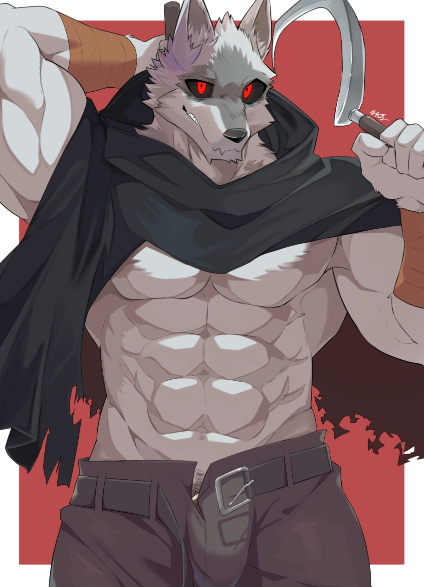 2023 abs accessory anthro arm_wraps belt biceps black_cloak black_clothing black_nose black_sclera bottomwear bulge canid canine canis cloak clothed clothing cock_ring death_(puss_in_boots) digital_media_(artwork) dreamworks dual_wielding fangs fingers fur genitals grey_body grey_fur grin hi_res holding_object holding_weapon hood hooded_cloak jewelry looking_at_viewer male mammal multicolored_body multicolored_fur muscular muscular_anthro muscular_male nt_kichi8642 open_bottomwear open_clothing open_pants pants pecs penis penis_accessory penis_jewelry pubes puss_in_boots_(film) puss_in_boots_the_last_wish red_background red_eyes serratus sharp_teeth sickle simple_background smile solo tail teeth two_tone_body two_tone_fur weapon wolf wraps