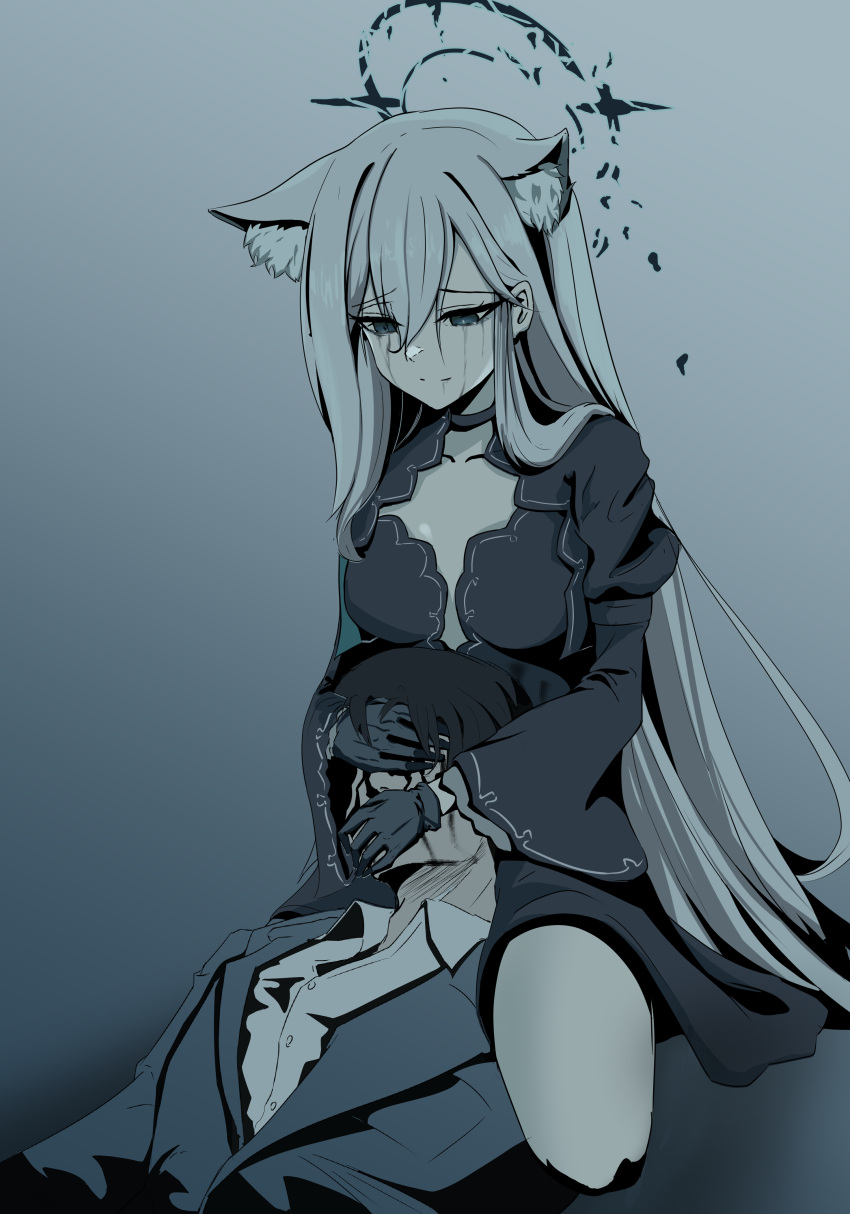 1boy 1girl absurdres animal_ear_fluff animal_ears bangs black_blood blood blue_archive breasts broken_halo cat_ears covering_another's_eyes covering_another's_mouth crying crying_with_eyes_open dark_halo gradient_background grey_background grey_hair halo hands_on_another's_face highres implied_death kneeling lap_pillow long_hair looking_at_another sad_smile sensei_(blue_archive) shiroko_(blue_archive) shiroko_(terror)_(blue_archive) skyrain315 small_breasts streaming_tears tears very_long_hair