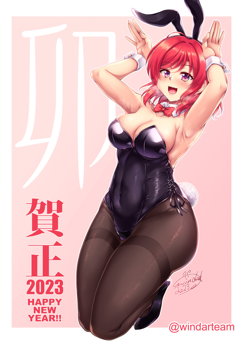 1girl 2023 :d animal_ears armpits arms_up artist_name bangs bare_shoulders black_footwear black_hairband black_leotard blush border bow bowtie breasts brown_pantyhose bunny_pose chinese_zodiac cleavage collarbone commentary_request covered_navel detached_collar fake_animal_ears fake_tail full_body gradient_background groin hairband happy_new_year heavy_breathing high_heels highres kneeling large_breasts legs_together leotard looking_at_viewer love_live! love_live!_school_idol_project new_year nishikino_maki open_mouth outside_border pantyhose pink_background playboy_bunny pumps purple_eyes rabbit_ears rabbit_tail red_bow red_bowtie red_hair short_hair side-tie_leotard signature smile solo strapless strapless_leotard sweat swept_bangs tail thighband_pantyhose twitter_username wavy_mouth white_border windart wrist_cuffs year_of_the_rabbit