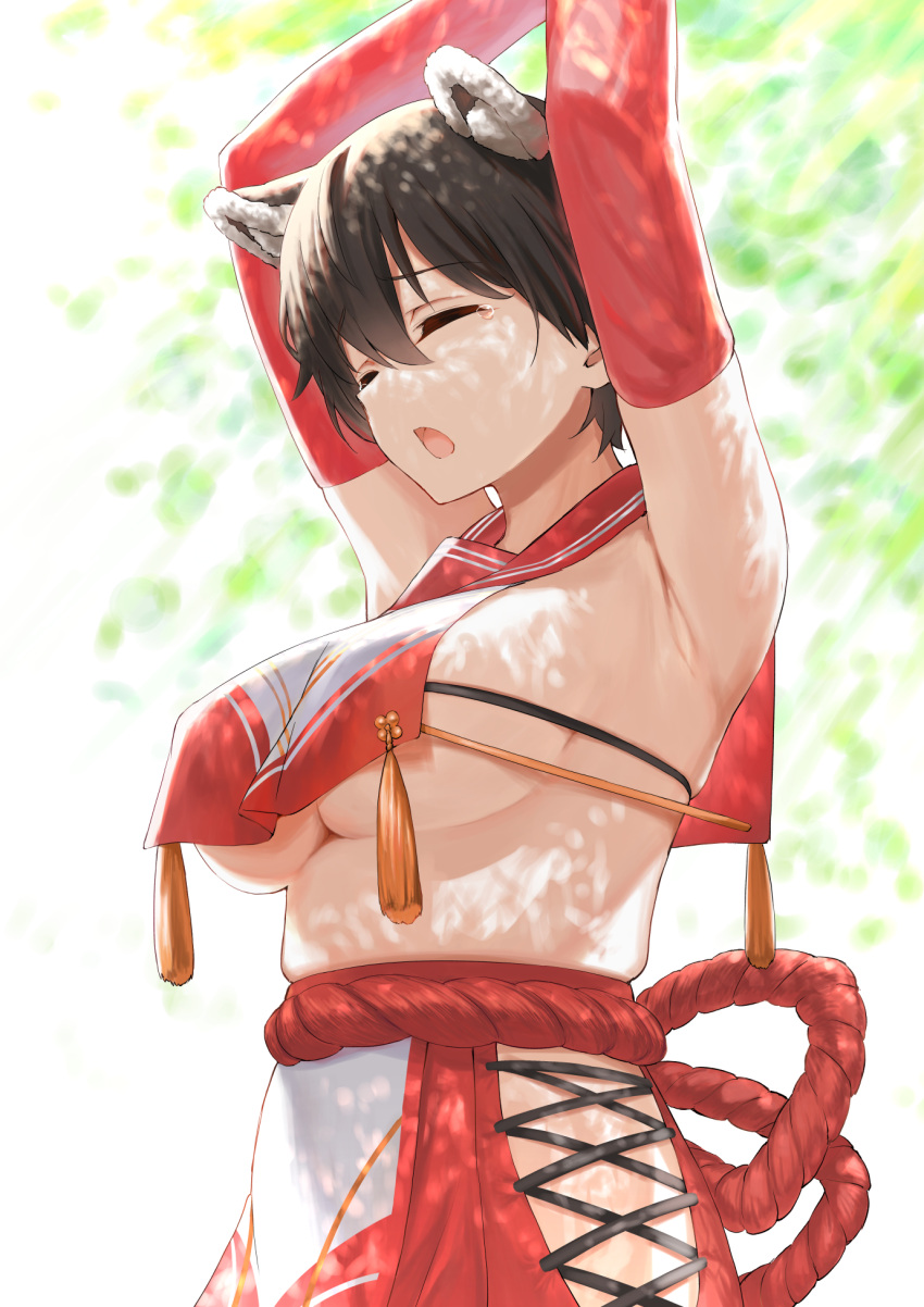 1girl animal_ears armpits arms_behind_head arms_up bangs black_hair blue_archive breasts closed_eyes crop_top crop_top_overhang dappled_sunlight elbow_gloves erubesuto gloves hair_between_eyes highres hip_vent large_breasts navel open_mouth raccoon_ears red_gloves red_sailor_collar red_skirt sailor_collar short_hair sideboob sitting skirt sleepy solo stretching sunlight tears tsubaki_(blue_archive) underboob waking_up yawning