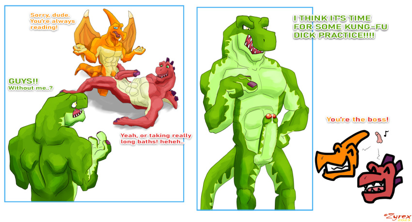 anal anal_penetration balls bodily_fluids chow_(kfdp) comic cum dialogue dinosaur dripping erection genital_fluids genitals jet_(kfdp) kane_(kfdp) kfdp kung kung_fu_dino_posse leaking male male/male mammal muscular muscular_male penetration penis precum reptile scalie sex text theropod tyrannosaurid tyrannosaurus tyrannosaurus_rex