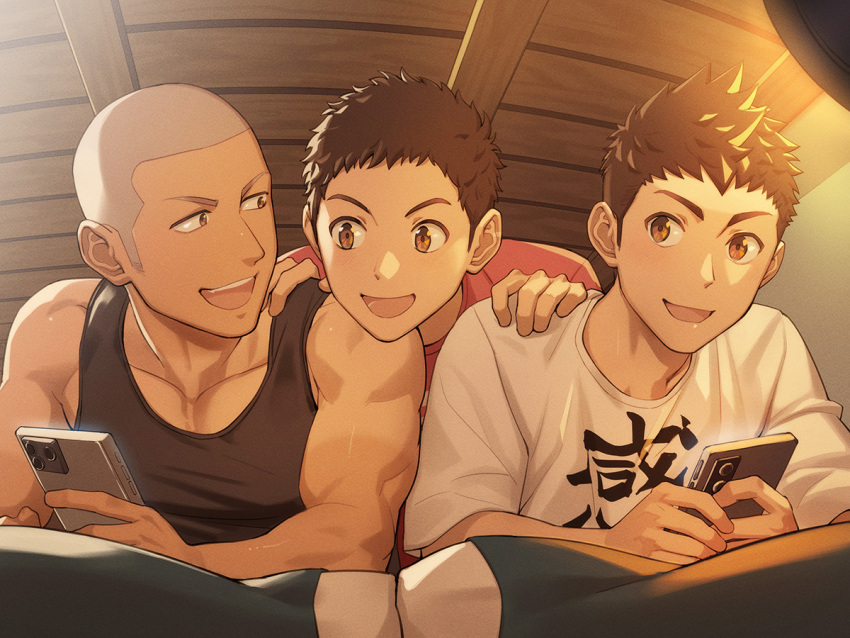 3boys black_shirt brown_eyes brown_hair ceiling clothes_writing crew_cut hands_on_another's_shoulders holding holding_phone lamp looking_at_another lying male_focus multiple_boys muscular no_bangs open_mouth original phone pillow red_shirt shaved_head shirt short_hair sleeveless sleeveless_shirt smile tettabuzz thick_eyebrows tile_ceiling tiles very_short_hair white_shirt wooden_ceiling