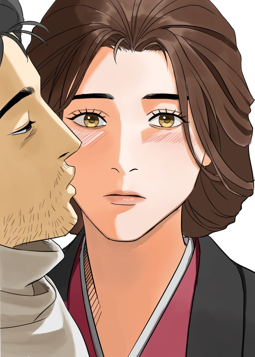 1boy 1girl black_eyes black_hair blush brown_eyes brown_hair emma_the_gentle_blade facial_hair hetero highres japanese_clothes kimono kiss kissing_cheek looking_at_viewer parted_lips photo-referenced sekiro sekiro:_shadows_die_twice simple_background ssanghwa_tang1 stubble white_background