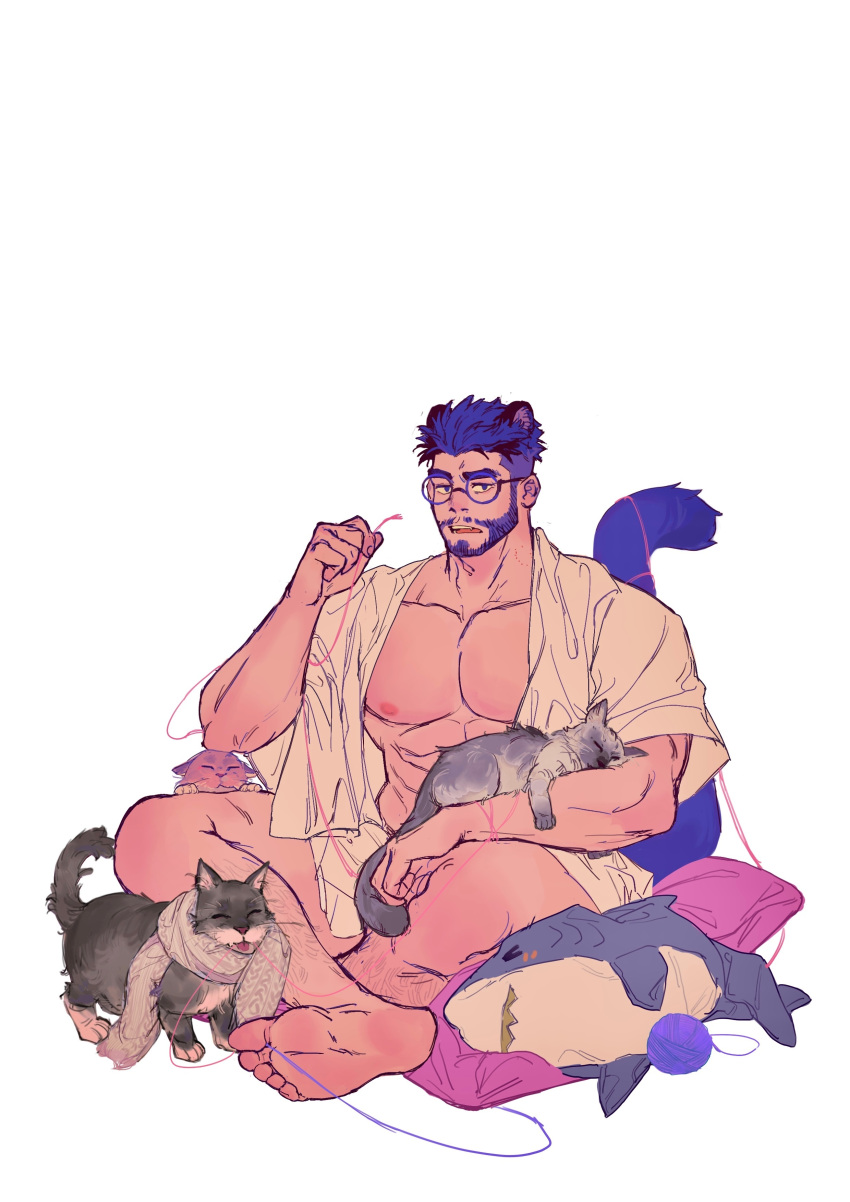 1boy absurdres animal_ears animal_on_lap bara bare_pectorals beard bespectacled black_hair bottomless cat cat_boy cat_ears cat_on_lap cat_tail facial_hair feet full_body glasses highres ikea_shark kuro_(kuroshima_kurishiro) kuroshima_kurishiro_(muyi24108414) male_focus mature_male muscular muscular_male on_lap open_clothes open_shirt original pectorals round_eyewear scarf short_hair sitting soles solo stuffed_animal stuffed_shark stuffed_toy tail thick_eyebrows undercut white_background yarn yarn_ball