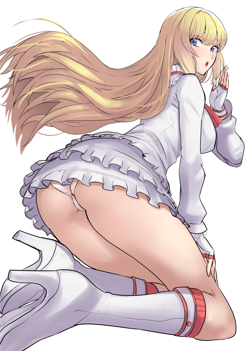 1girl :o ass bangs blonde_hair blue_eyes blunt_bangs boots breasts clash_kuro_neko dress fingerless_gloves frilled_dress frills from_behind full_body gloves high_heel_boots high_heels highres hime_cut large_breasts lili_(tekken) long_hair long_sleeves looking_at_viewer open_mouth panties pantyshot pink_panties sideboob simple_background sitting skirt solo tekken thighs underwear upskirt white_background white_dress white_footwear white_gloves