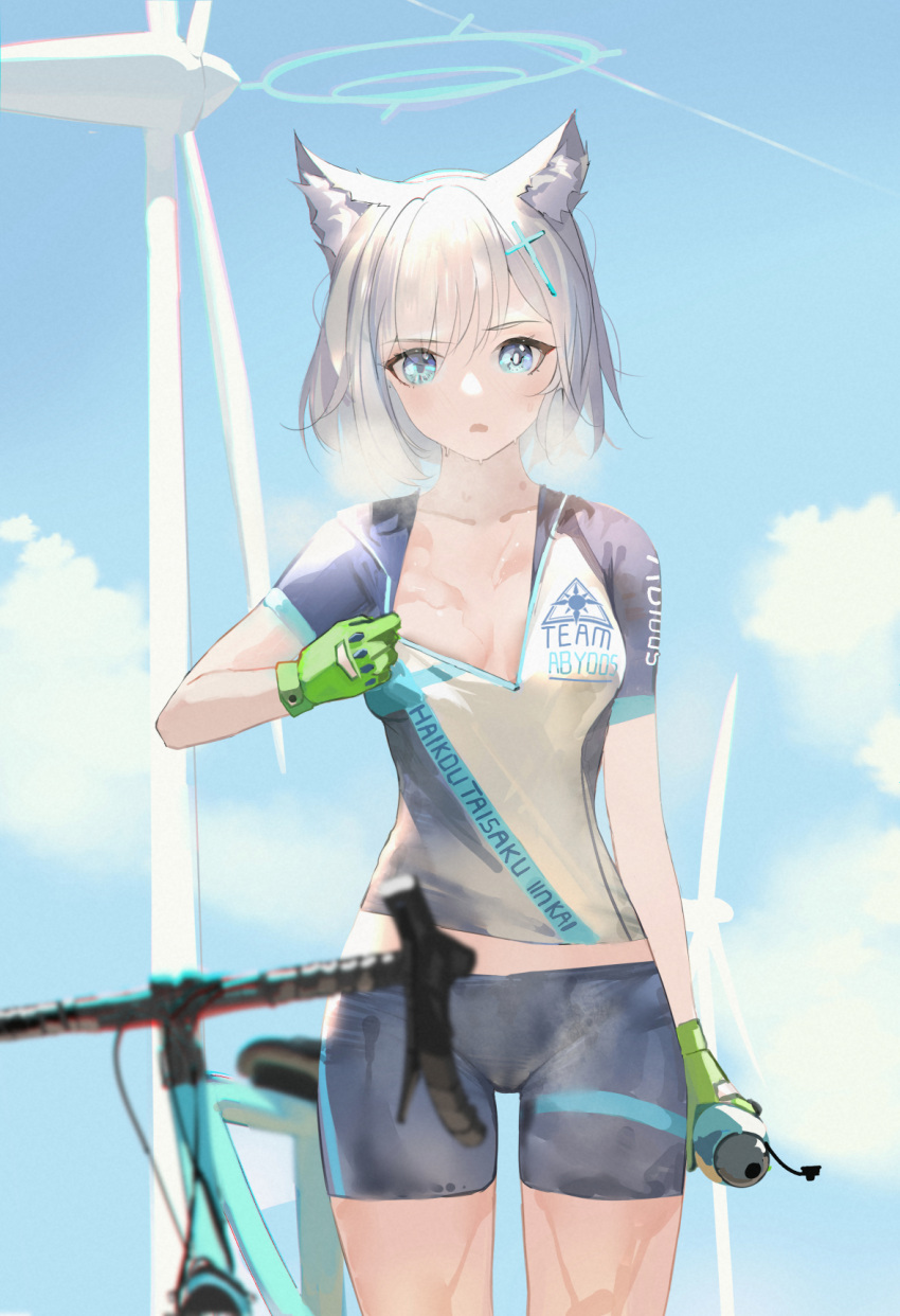 animal_ear_fluff animal_ears bicycle bike_jersey bike_shorts blue_archive blue_eyes blue_sky bottle breasts clothes_pull cloud collarbone cowboy_shot cross_hair_ornament da_(datako) day english_commentary gloves green_gloves grey_hair ground_vehicle hair_ornament halo highres looking_at_viewer mismatched_pupils open_mouth outdoors pulled_by_self shiroko_(blue_archive) shiroko_(cycling)_(blue_archive) shirt_pull short_hair short_sleeves sky small_breasts steaming_body sunlight sweat thigh_gap water_bottle wind_turbine wolf_ears