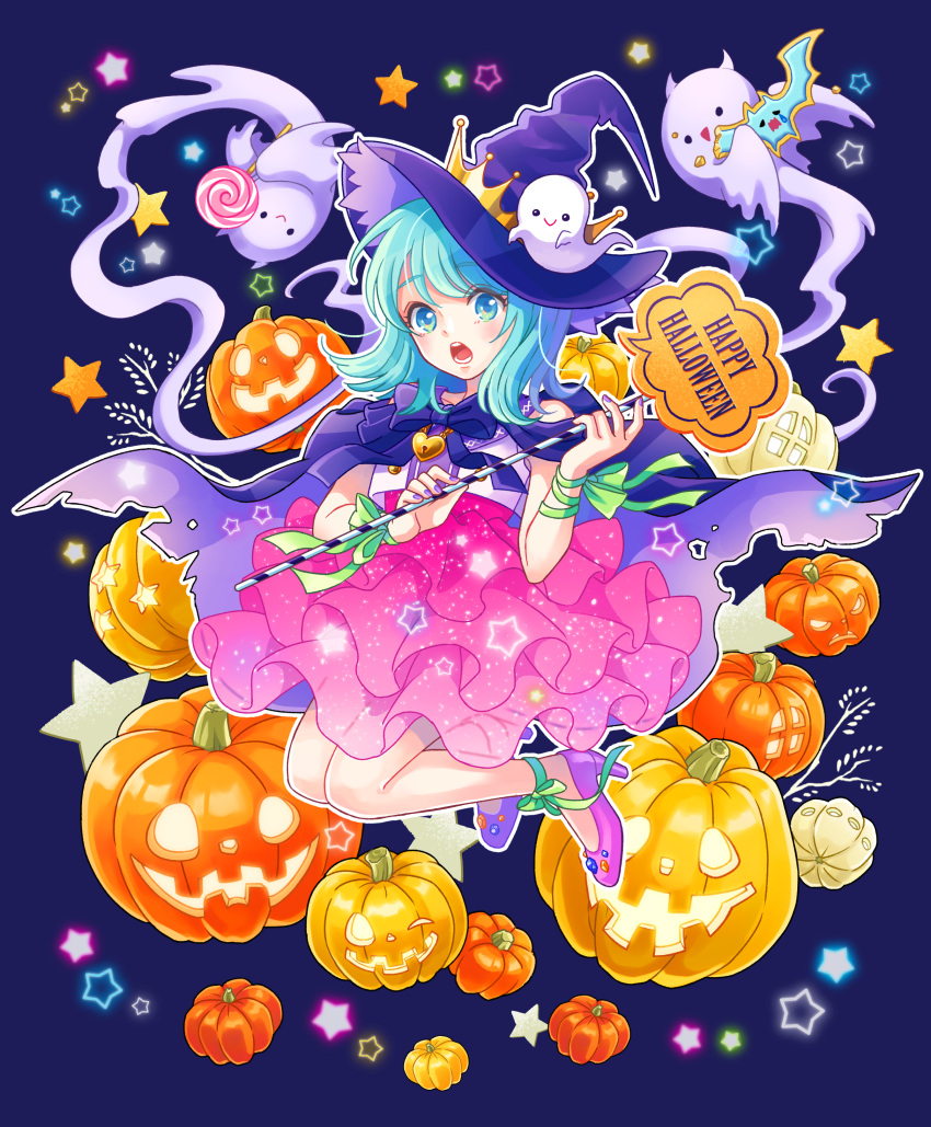 1girl absurdres ankle_bow bangs blue_eyes blue_hair bow candy cape dress food gemini_(kokoma) ghost halloween hat heart heart_necklace highres jack-o'-lantern jewelry layered_dress lollipop long_hair necklace open_mouth original pink_dress pink_footwear purple_cape purple_nails solo swept_bangs witch witch_hat