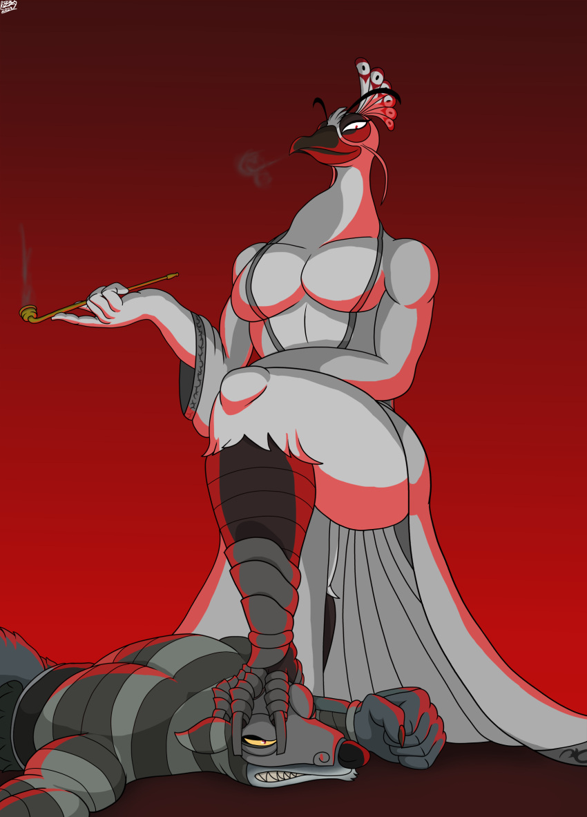 absurd_res anthro avian bird canid canine canis dreamworks duo galliform hi_res kung_fu_panda looking_at_viewer lord_shen male mammal peafowl pecs phasianid pizzaozzy_(artist) smoking_pipe stepped_on wolf