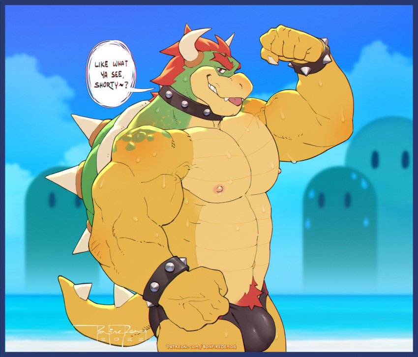 2023 anthro beach big_pecs biped blep bodily_fluids bonfiredemon bowser bracelet bulge dialogue digital_media_(artwork) flexing_bicep genital_outline hair hi_res horn jewelry koopa looking_at_viewer male mario_bros muscular muscular_anthro muscular_male nintendo nipples outside pecs penis_outline pubes red_hair red_pubes scalie seaside sky smile solo spiked_bracelet spikes sweat talking_to_viewer tongue tongue_out