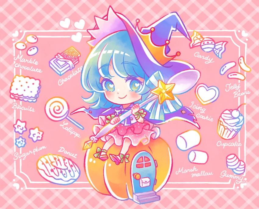 1girl ankle_bow bangs biscuit_(bread) blue_eyes blue_hair bow candy chibi chocolate cupcake doughnut food gemini_(kokoma) hat lollipop long_hair looking_at_viewer original pumpkin pumpkin_house smile solo swept_bangs witch witch_hat