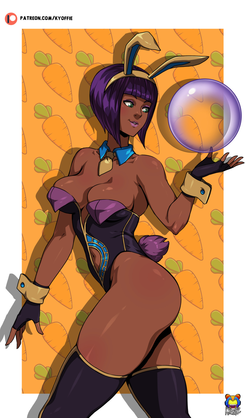 1girl absurdres animal_ears ass breasts dark-skinned_female dark_skin green_eyes highres kyoffie12 lips menat rabbit_ears short_hair solo street_fighter