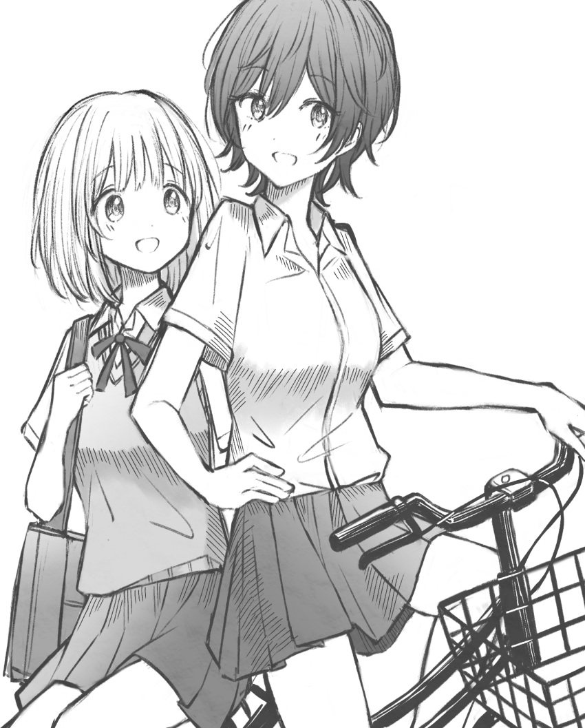 2girls :d asagao_to_kase-san bag bicycle bob_cut ground_vehicle hand_on_hip highres kase_tomoka looking_at_viewer maccaron_sei monochrome multiple_girls ribbon school_bag school_uniform short_hair skirt smile vest yamada_yui