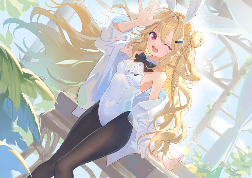 1girl animal_ears bangs black_bow black_bowtie black_pantyhose blonde_hair bow bowtie breasts butyou_(mika1412) commentary covered_navel double_bun echocalypse eriri_(echocalypse) feet_out_of_frame hair_bun hair_ornament hairclip hand_up highres jacket jacket_partially_removed leotard long_hair looking_at_viewer one_eye_closed open_clothes open_jacket open_mouth pantyhose plant playboy_bunny rabbit_ears rabbit_girl red_eyes sidelocks small_breasts smile solo teeth upper_teeth_only very_long_hair white_jacket white_leotard