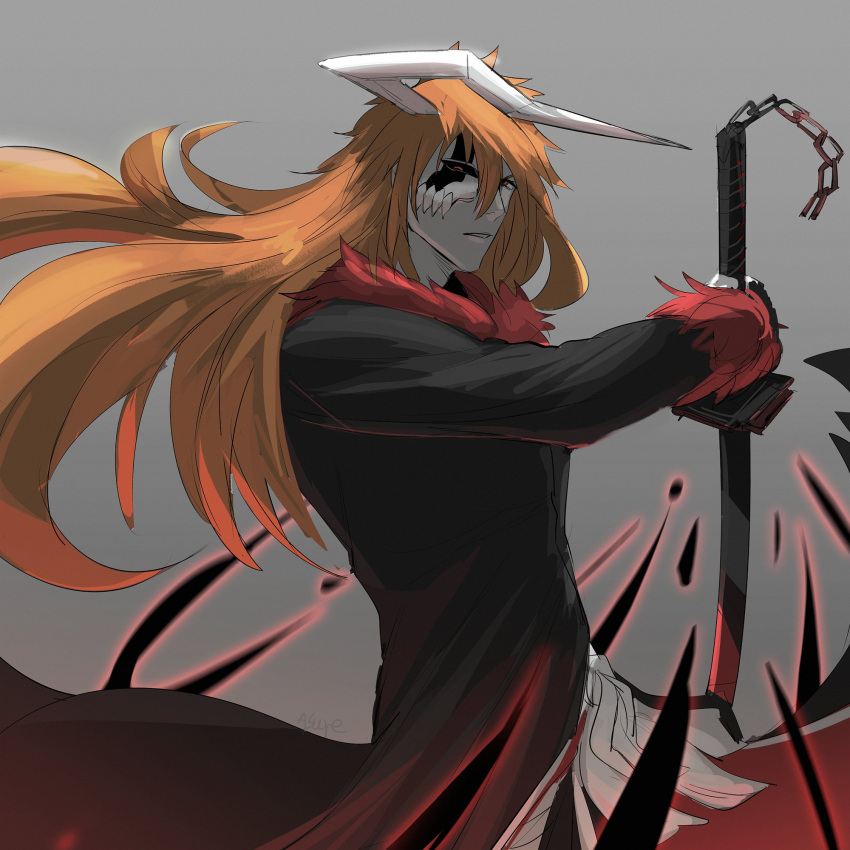 1boy asure_(asure_twi) black_sclera bleach brown_eyes colored_sclera fur_trim highres holding holding_sword holding_weapon hollow_mask horns kurosaki_ichigo long_hair long_sleeves looking_at_viewer male_focus orange_eyes orange_hair single_horn solo spiked_hair sword upper_body weapon