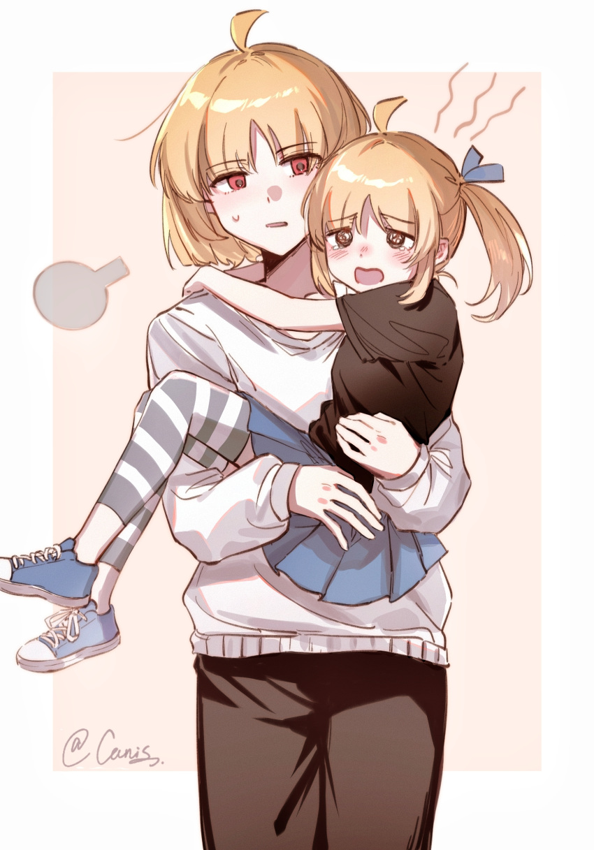2girls =3 age_difference aged_down ahoge artist_name black_pants black_shirt blonde_hair blue_footwear blue_skirt blush bocchi_the_rock! canis428 carrying highres hug ijichi_nijika ijichi_seika multiple_girls open_mouth pants parted_lips pink_background pleated_skirt princess_carry red_eyes shirt shoes short_hair short_sleeves siblings side_ponytail signature sisters skirt sneakers striped striped_thighhighs sweatdrop sweater t-shirt tears thighhighs wavy_mouth white_sweater