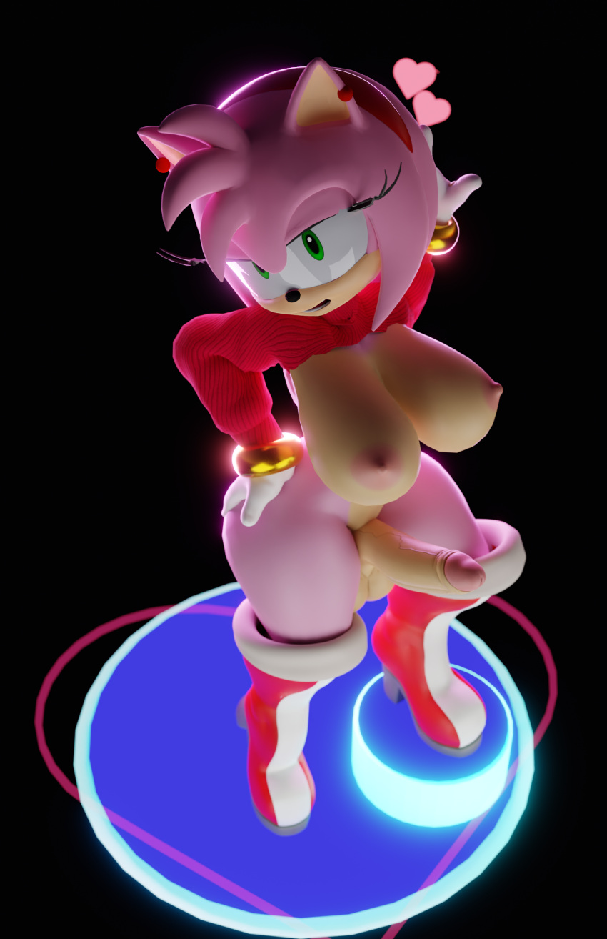 absurd_res amy_rose boots breasts clothed clothing female footwear hair hi_res intersex nativefall nipples pink_body pink_hair reveal sega skimpy smirking_at_viewer solo sonic_the_hedgehog_(series) sweater topwear