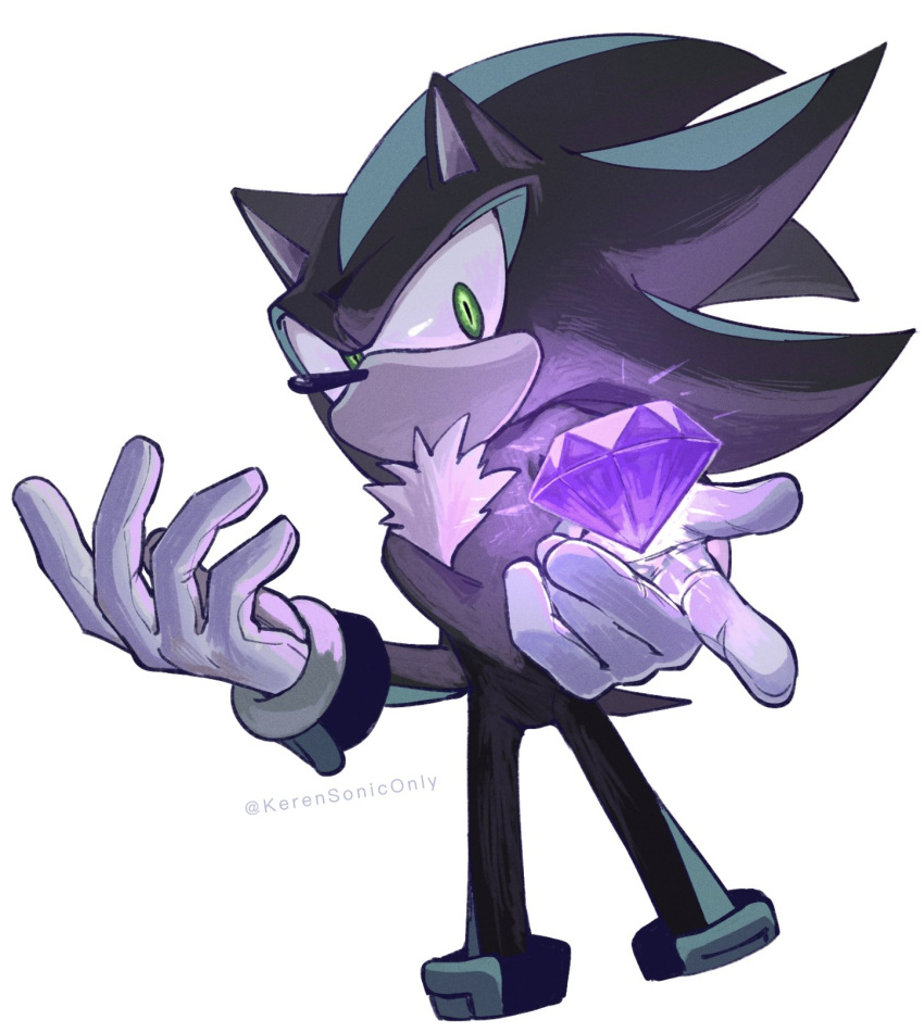 1boy animal_ears artist_name black_fur blue_fur body_fur bracelet english_commentary furry furry_male gem gloves gold_bracelet green_eyes grey_gloves hands_up hedgehog hedgehog_ears hedgehog_tail highres jewelry kerensoniconly looking_at_viewer male_focus mephiles_the_dark no_mouth purple_gemstone simple_background solo sonic_(series) tail two-tone_fur white_background