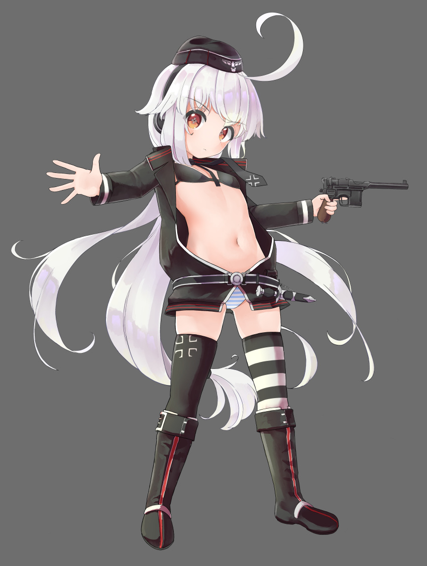 1girl absurdres ahoge asymmetrical_legwear bangs belly boots bra breasts c96_(girls'_frontline) closed_mouth commission cross dagger dhk117 garrison_cap girls'_frontline grey_background gun handgun hat headphones highres holding holding_weapon iron_cross jacket knife long_hair long_sleeves looking_at_viewer mauser_c96 mismatched_legwear navel necktie non-web_source open_clothes orange_eyes outstretched_hand panties pantyshot sheath sheathed skindentation small_breasts solo striped striped_panties striped_thighhighs thighhighs trigger_discipline underwear very_long_hair weapon white_hair
