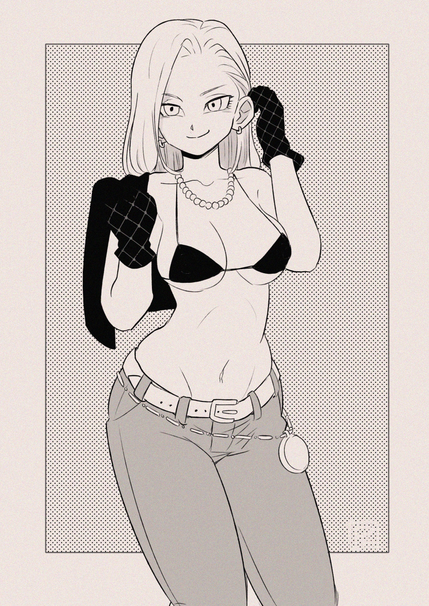 1girl absurdres alternate_hair_length alternate_hairstyle android_18 bead_necklace beads belt bikini breasts commentary denim dragon_ball dragon_ball_z english_commentary gloves greyscale groin highres jeans jewelry medium_breasts micro_bikini monochrome navel necklace pants pink_mousse signature smile solo swimsuit