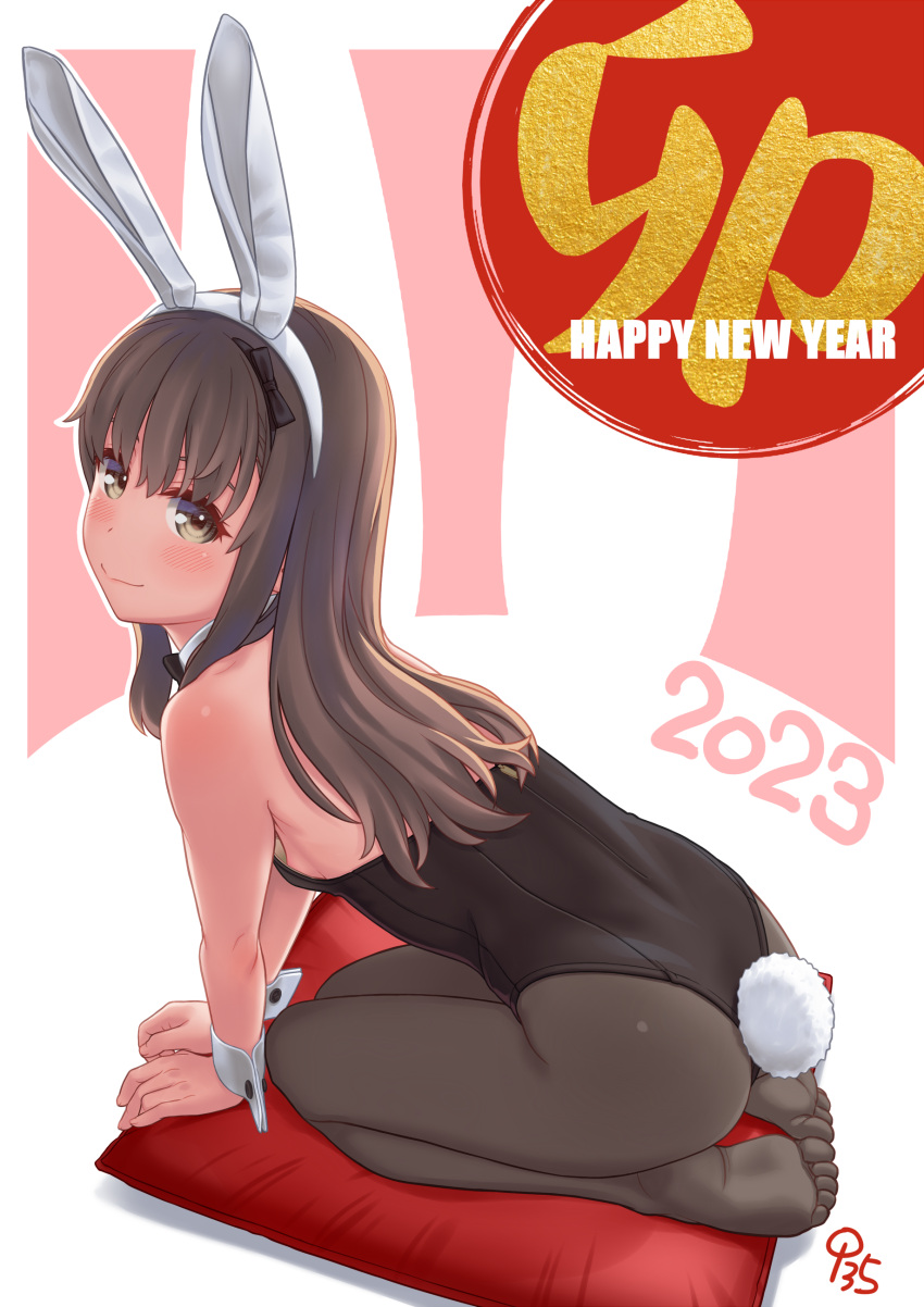 1girl 2023 absurdres animal_ears aoi_kumiko arm_support artist_name backless_leotard bangs black_leotard blush brown_eyes brown_hair chinese_zodiac closed_mouth commentary_request cushion fake_animal_ears feet grey_pantyhose happy_new_year highres leaning_forward legs leotard long_hair looking_at_viewer looking_back new_year no_shoes original oversized_breast_cup pantyhose partial_commentary playboy_bunny rabbit_ears rabbit_tail seiza shadow signature sitting smile soles strapless strapless_leotard tail toes translated year_of_the_rabbit zabuton