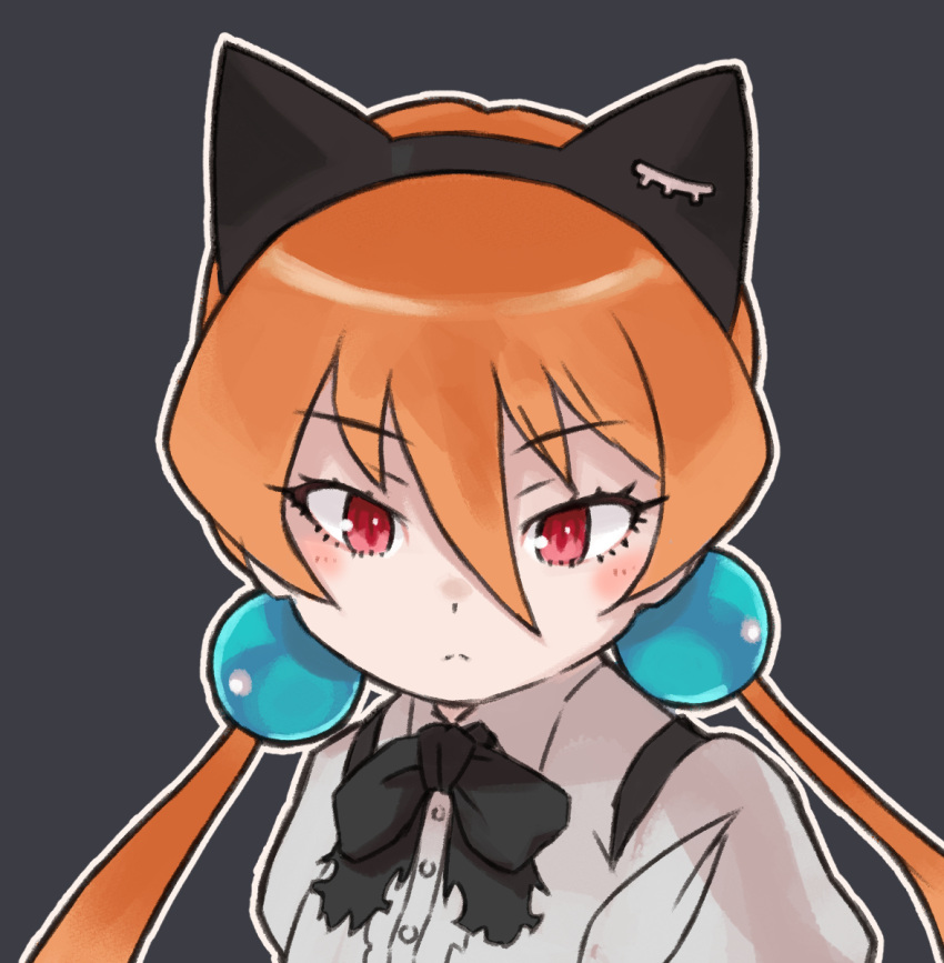 1girl alisa_southerncross animal_ears black_background black_necktie bow bowtie cat_ears closed_mouth extra_ears hair_ornament highres keroro_gunsou long_hair looking_at_viewer necktie orange_hair red_eyes shirt simple_background suspenders toriny twintails white_shirt