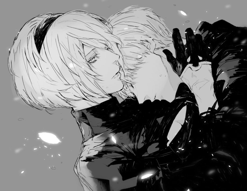 1boy 1girl absurdres bangs closed_eyes gloves greyscale hair_between_eyes hairband highres hug monochrome nier_(series) nier_automata nishiii26miii simple_background white_eyes white_hair yorha_no._2_type_b yorha_no._9_type_s