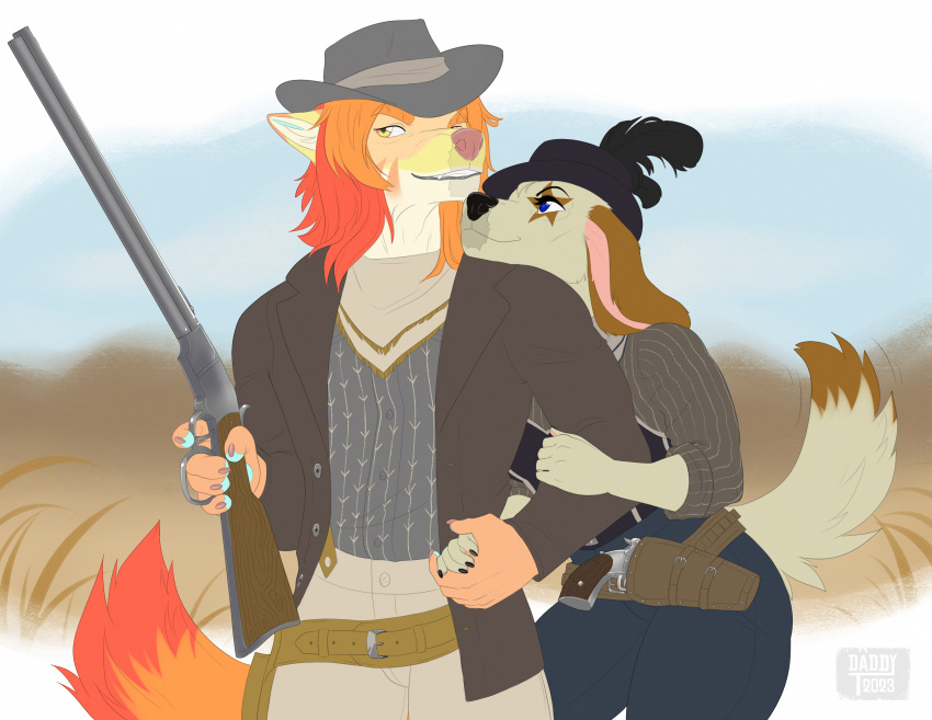 absurd_res anthro blue_eyes canid canine clinging clothing colored cowboy cowboy_hat cowboy_outfit cowgirl_outfit duo female flat_colors fur gun hand_holding handgun hat headgear headwear hi_res holding_object holding_weapon holstered_pistol julian_volkov lever_action lever_action_rifle male male/female mammal multicolored_body multicolored_eyes multicolored_fur mysticsabreonic ranged_weapon revolver rifle simple_background tail tail_motion tailwag trigger_discipline weapon zoey_starr