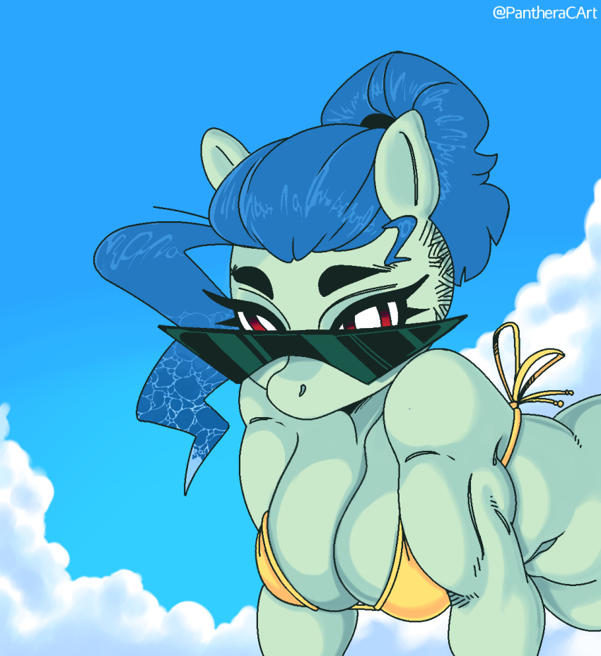 anthro bikini bikini_top clothing equid equine eyewear fan_character female hair hasbro hi_res horse mammal muscular my_little_pony panthera_cantus pony sky solo sunglasses swimwear yellow_bikini yellow_bikini_top yellow_clothing yellow_swimwear