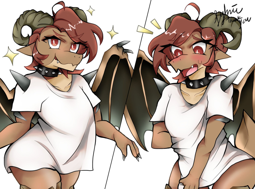 anthro blush breasts claws clothed clothing collar eyelashes female flat_chested hair head_tuft hi_res horn jyhniiart ko_(e10109) kobold membrane_(anatomy) membranous_wings meme pajama_shirt red_hair scales shirt small_breasts solo split_screen standing star t-shirt t-shirt/pajamas_challenge tail toe_claws topwear tuft wings