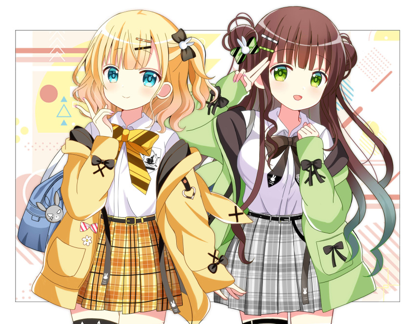 2girls :d absurdres animal_ears animal_hood bag bag_charm blonde_hair blue_eyes brown_hair charm_(object) closed_mouth collared_shirt commentary_request double_bun dress_shirt fake_animal_ears gochuumon_wa_usagi_desu_ka? green_eyes green_jacket grey_skirt hair_bun hair_ornament hairclip highres hood hood_down hooded_jacket jacket kirima_syaro long_hair long_sleeves multiple_girls nail_polish off_shoulder open_clothes open_jacket pink_nails plaid plaid_skirt pleated_skirt puffy_long_sleeves puffy_sleeves rabbit_ears rabbit_hood ryoutan school_bag school_uniform shirt skirt sleeves_past_wrists smile ujimatsu_chiya v very_long_hair white_shirt wild_geese yellow_jacket