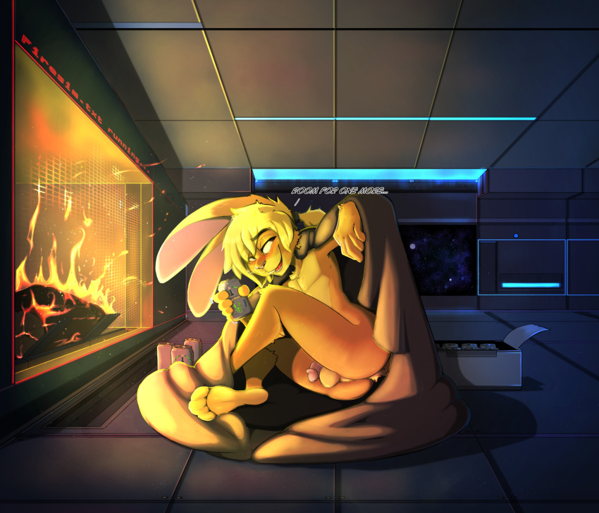 2023 4_toes anthro balls blonde_hair blush butt can container countershading dialogue english_text feet fireplace fur genitals hair hi_res holding_can holding_container holding_object humanoid_genitalia humanoid_penis inoby inside inviting jaymes_o'hare lagomorph leporid long_ears looking_at_viewer male mammal nude penis pink_penis ponytail rabbit sitting sitting_on_ground slim_anthro slim_male solo space space_station spacebunz spacescape talking_to_viewer text toes under_blanket yellow_body yellow_fur