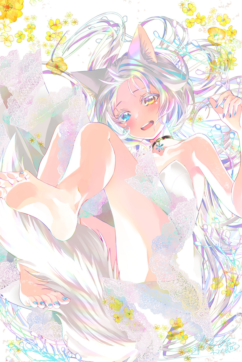 1girl animal_ear_fluff animal_ears bare_shoulders barefoot blue_eyes cat_ears cat_girl cat_tail catulus_syndrome choker colored_eyelashes dress feet flower forehead heterochromia highres lace lace-trimmed_dress lace_trim legs long_hair nail_polish official_art shinonome_neko-tarou shirakaba_yuki soles tail toenail_polish toenails toes yellow_eyes