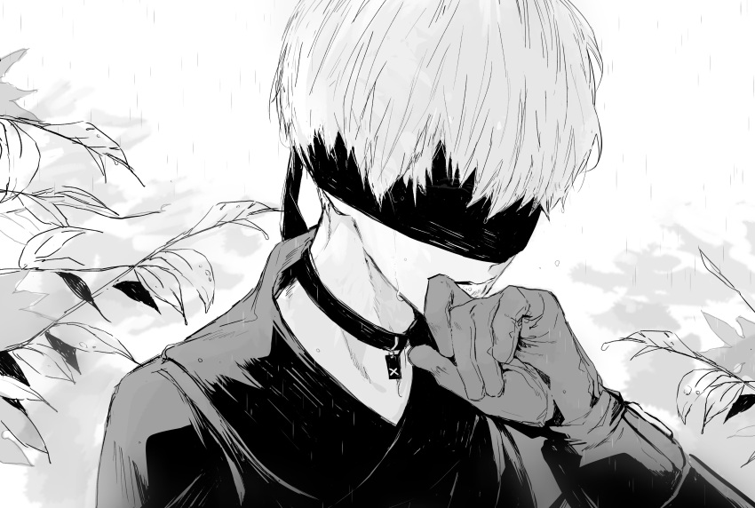 1boy absurdres bangs blindfold choker gloves greyscale hand_on_own_chin highres monochrome nier_(series) nier_automata nishiii26miii rain simple_background white_hair yorha_no._9_type_s