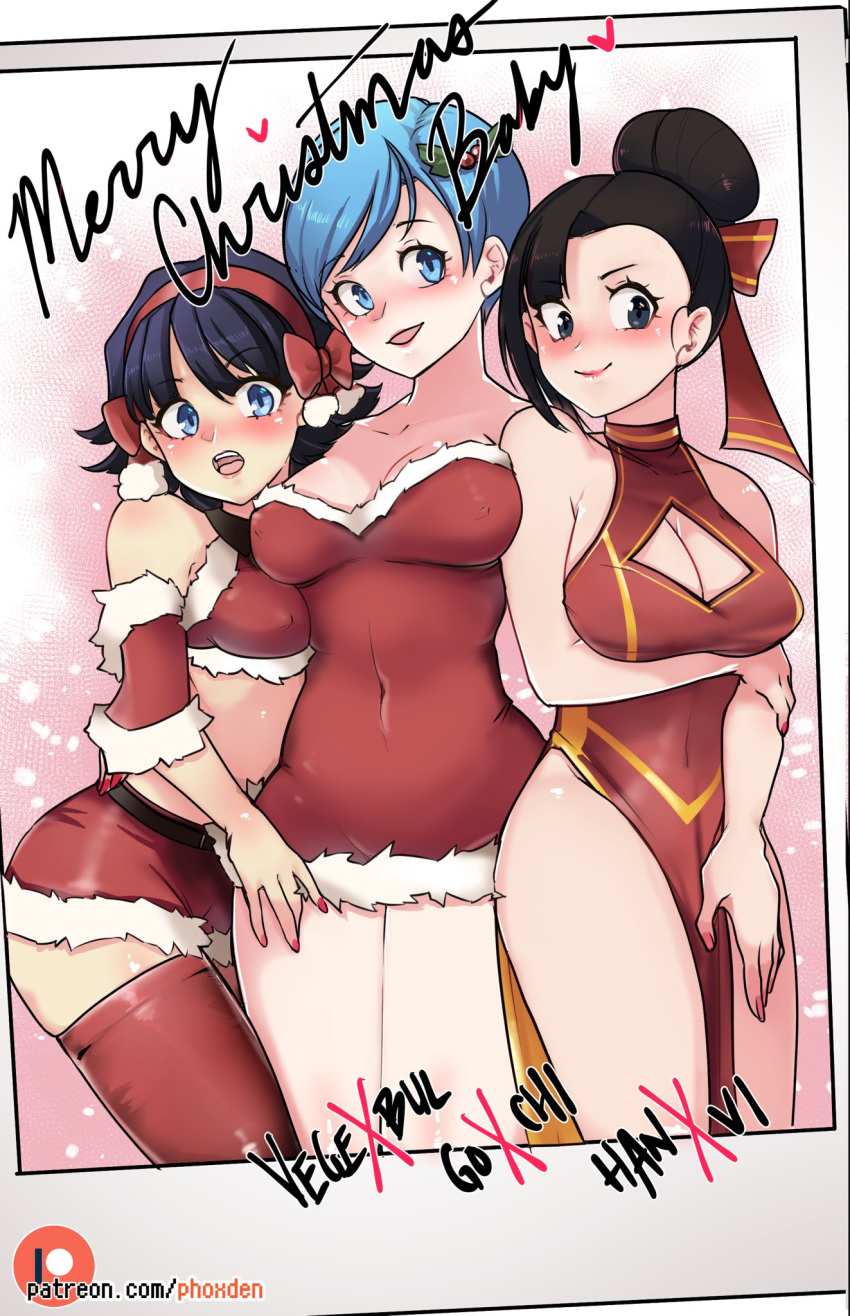 3girls alternate_hairstyle black_eyes black_hair blue_eyes blue_hair bow breasts bulma chi-chi_(dragon_ball) china_dress chinese_clothes cleavage cleavage_cutout clothing_cutout commentary covered_navel covered_nipples crop_top detached_sleeves dragon_ball dragon_ball_super dress english_commentary english_text hair_bow hair_bun hairband halterneck highres large_breasts medium_breasts merry_christmas microskirt multiple_girls open_mouth patreon_logo pelvic_curtain photo_(object) puffphox red_hairband red_nails short_dress short_hair single_hair_bun skirt smile strapless strapless_dress thighhighs videl web_address zettai_ryouiki