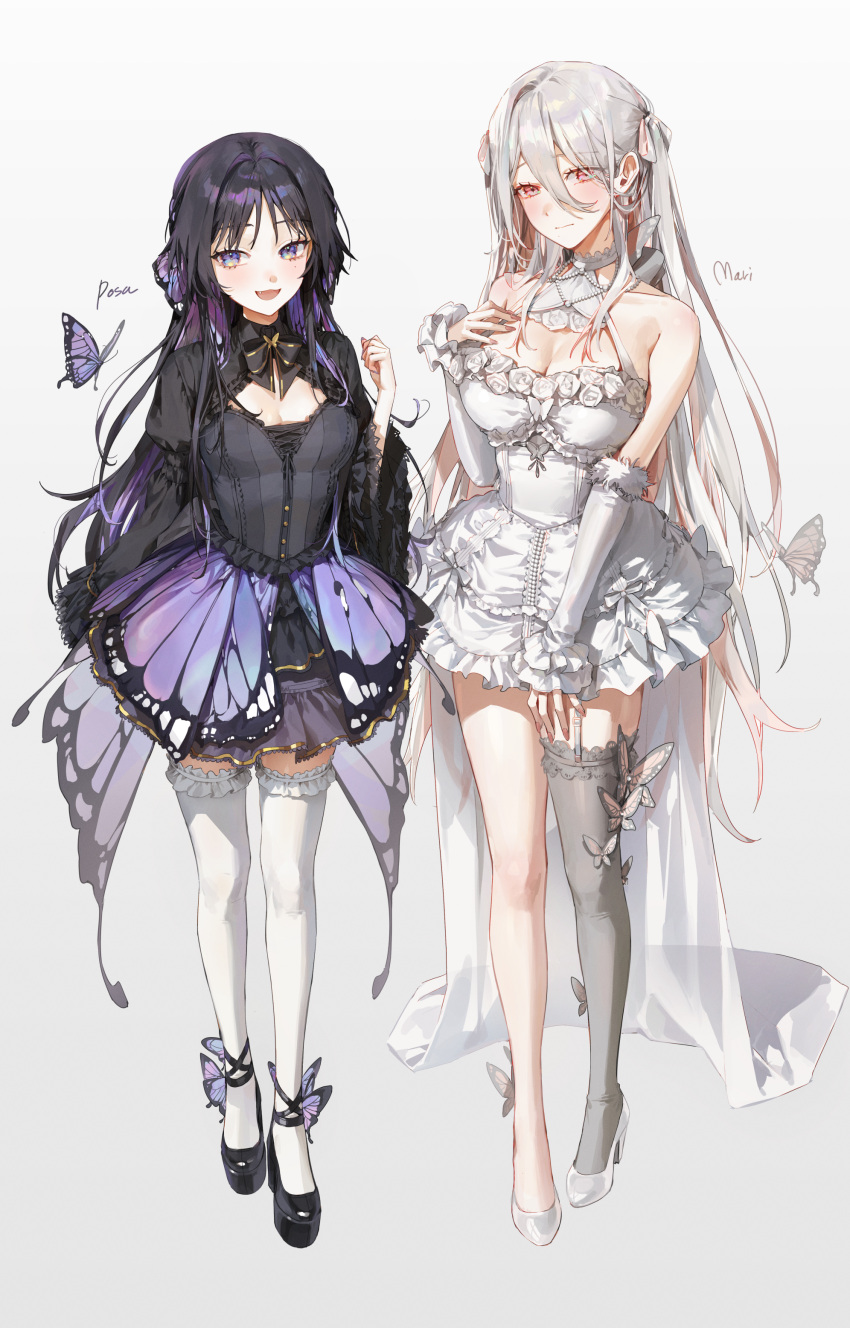 2girls :3 :d absurdres bangs bare_shoulders black_bow black_bowtie black_dress black_footwear black_hair blush bow bowtie breasts bug butterfly butterfly_hair_ornament butterfly_wings cleavage cleavage_cutout clothing_cutout commentary detached_sleeves dress fang fingernails frilled_dress frilled_sleeves frills fur-trimmed_sleeves fur_trim garter_straps grey_thighhighs hair_between_eyes hair_bow hair_ornament halter_dress halterneck hand_on_own_chest hand_up high_heels highres kellymonica02 large_breasts light_smile long_fingernails long_hair long_sleeves looking_at_viewer medium_breasts mole mole_under_eye multicolored_hair multiple_girls nail_polish original pink_eyes pink_hair pink_nails puffy_long_sleeves puffy_sleeves purple_eyes purple_hair short_dress single_thighhigh smile spanish_commentary standing streaked_hair thighhighs two-tone_hair very_long_hair white_dress white_footwear white_hair white_sleeves white_thighhighs wide_sleeves wings